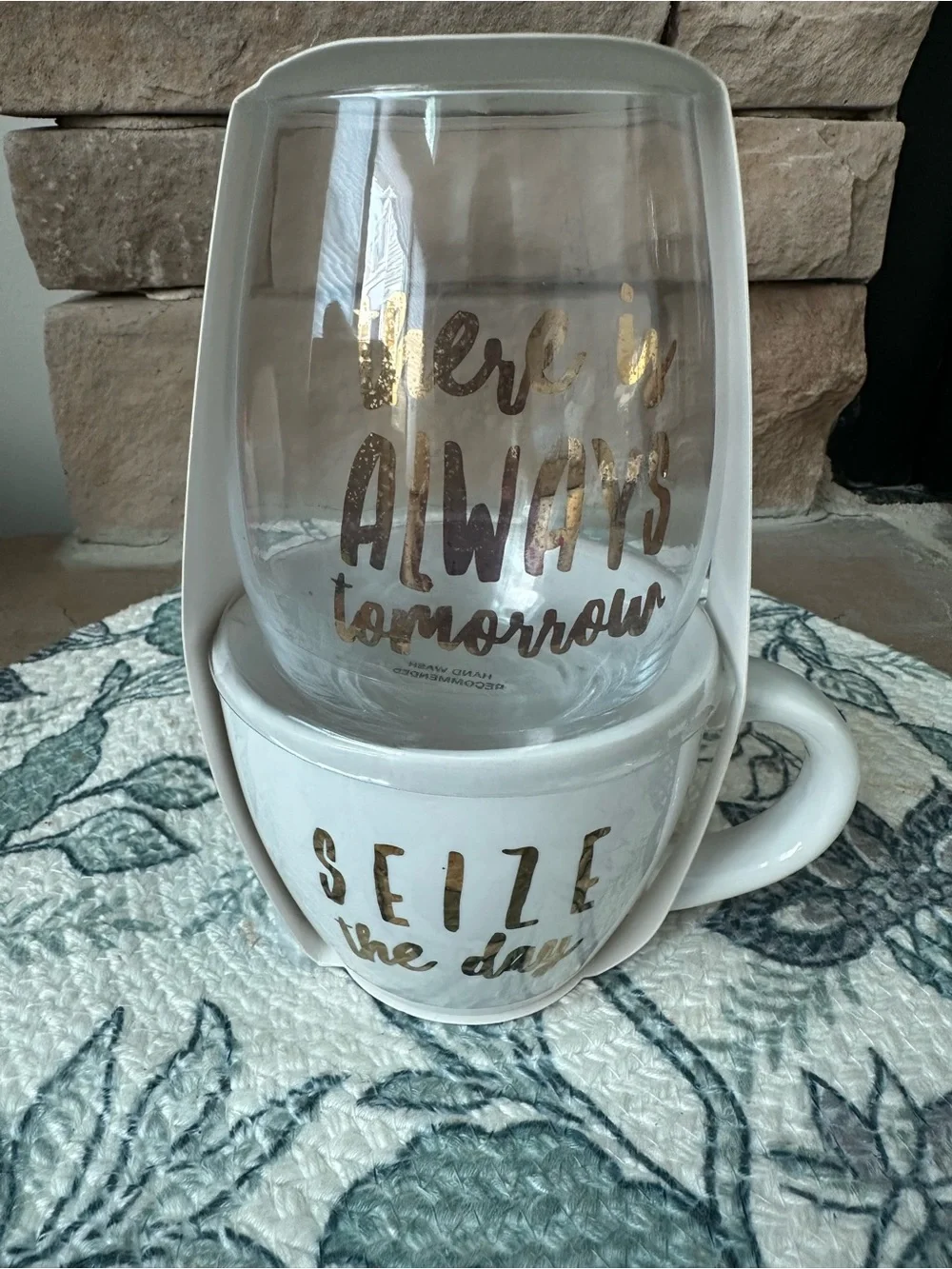 White Ceramic Mug & Glass Set with Gold Lettering - NWT